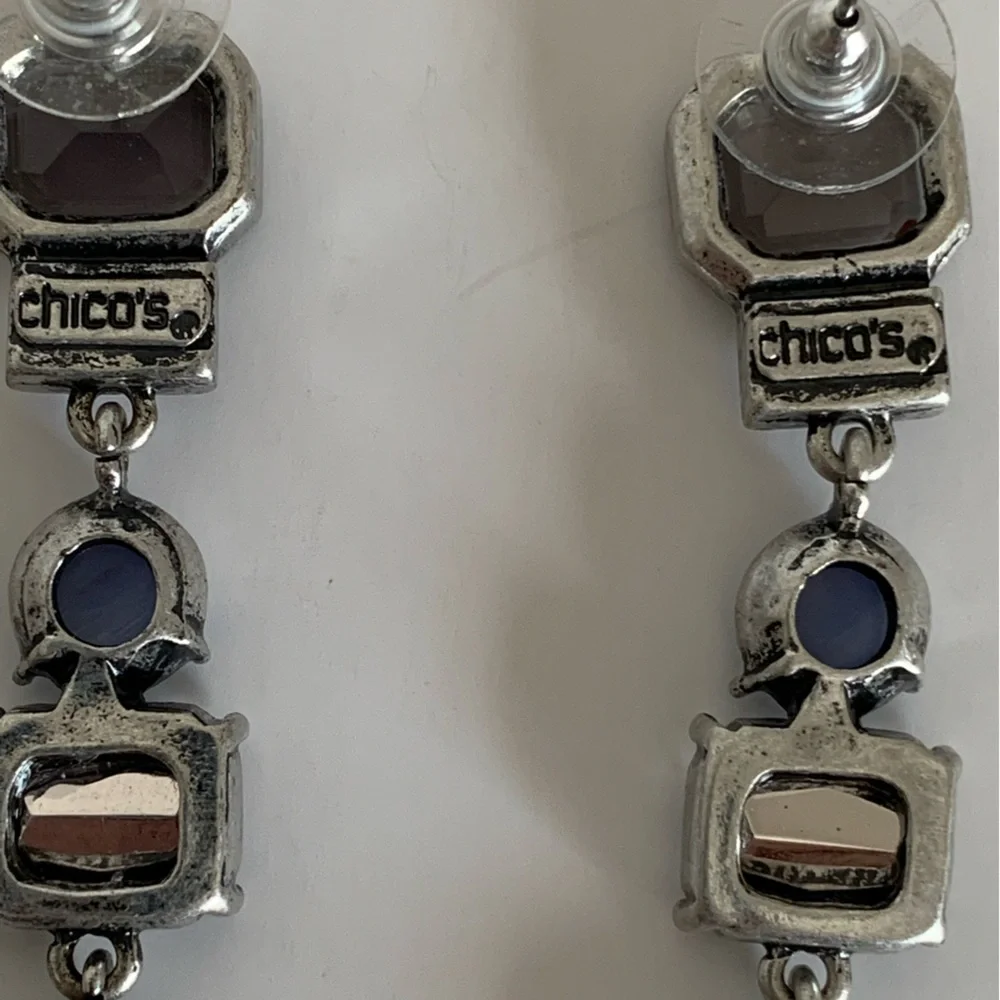 Chico's Earrings Dangle Silver Blue Jeweled Tones Clear Rhinestone - Picture 6 of 7